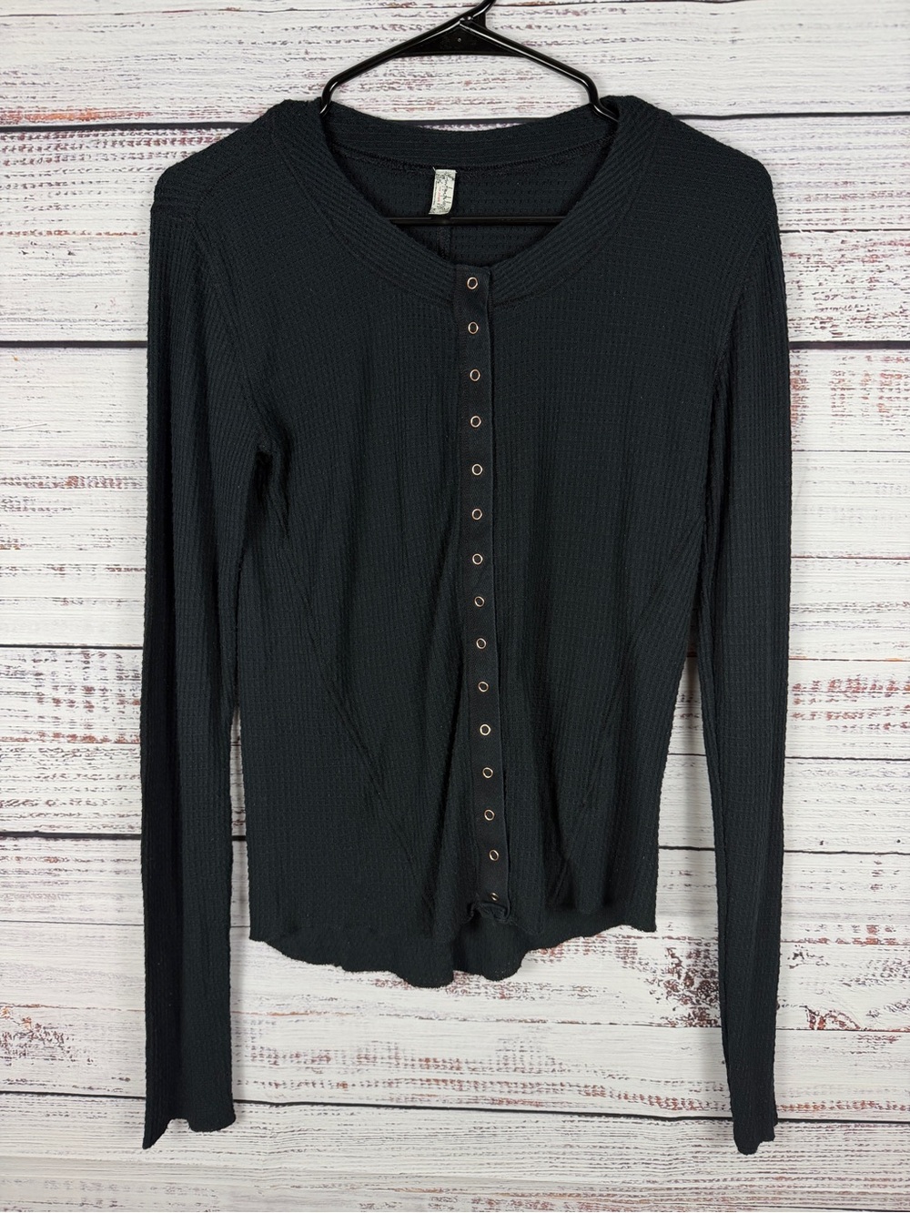 Free People Intimately Waffle Knit Snap Front Cardigan Top Black L